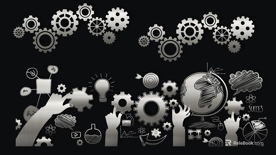 Innovative Collaboration Featuring Gears Hands Light Bulb Globe And Business Elements 3d model 