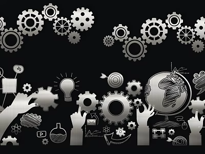 Innovative Collaboration Featuring Gears Hands Light Bulb Globe And Business Elements 3d model