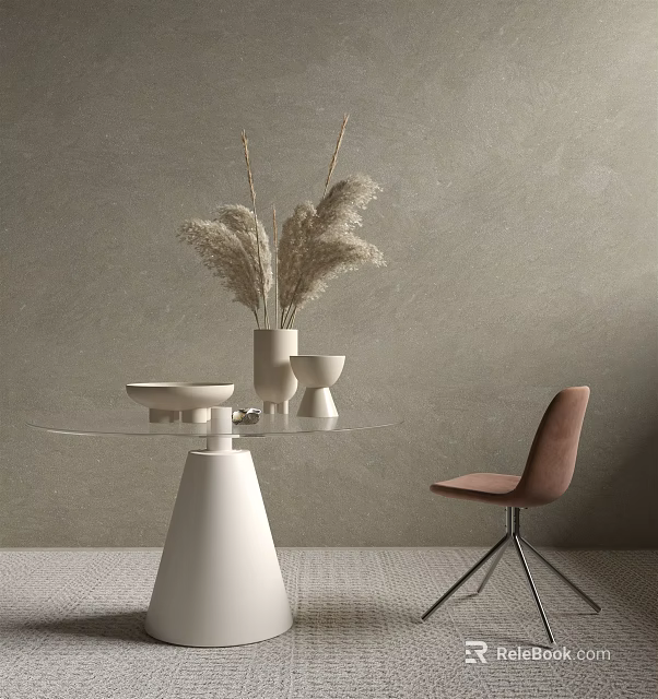Dining Table Set With Glass Top White Cone Base Brown Chair And Dried Pampas Grass 3d model 