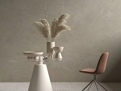 Dining Table Set With Glass Top White Cone Base Brown Chair And Dried Pampas Grass 3d model