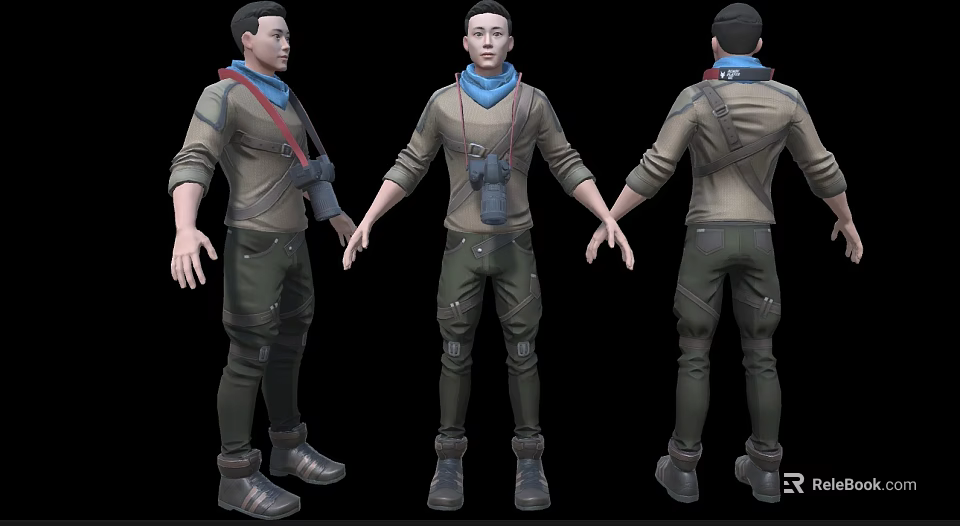 Game Movie Character 3D Model with Brown Jacket Blue Scarf Binoculars Boots Three Quarter Views 3d model 