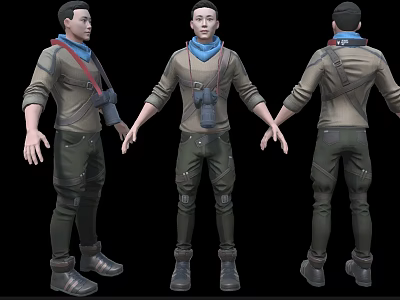 Game Movie Character 3D Model with Brown Jacket Blue Scarf Binoculars Boots Three Quarter Views 3d model