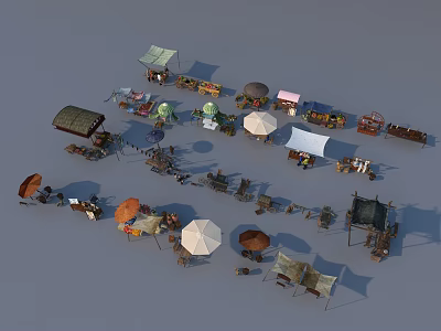 Colorful Outdoor Market Stalls Featuring Various Awnings Umbrellas and Vendor Carts 3d model