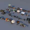 Colorful Outdoor Market Stalls Featuring Various Awnings Umbrellas and Vendor Carts