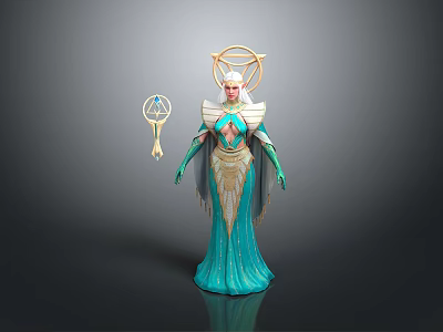 Detailed Mythical Woman In Blue Robe With Golden Halo And Orb Staff 3d model