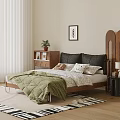 Double Bed with Wooden Headboard Green Quilt Pillows Wooden Nightstand Plant Painting and White Curtains