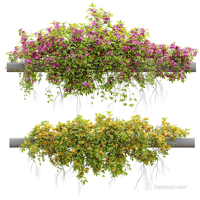 Hanging Flowering Vines With Purple Blooms And Green Yellow Leaves On Decorative Rod 3d model 