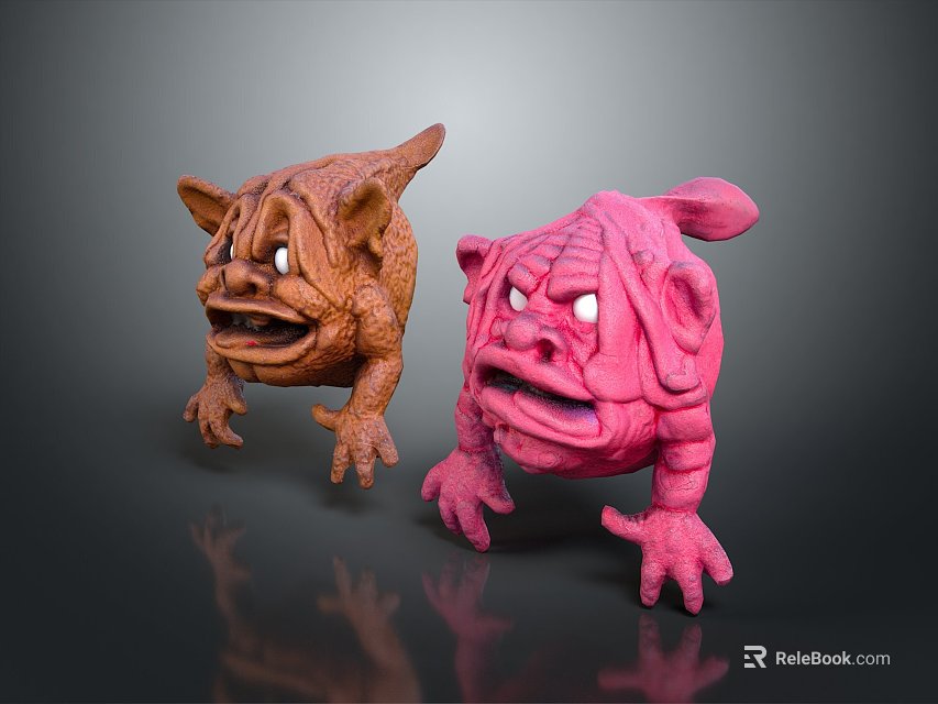 Brown And Pink Toad Like Game Movie Characters With Exaggerated Expressions Large Eyes Open Mouths 3d model 