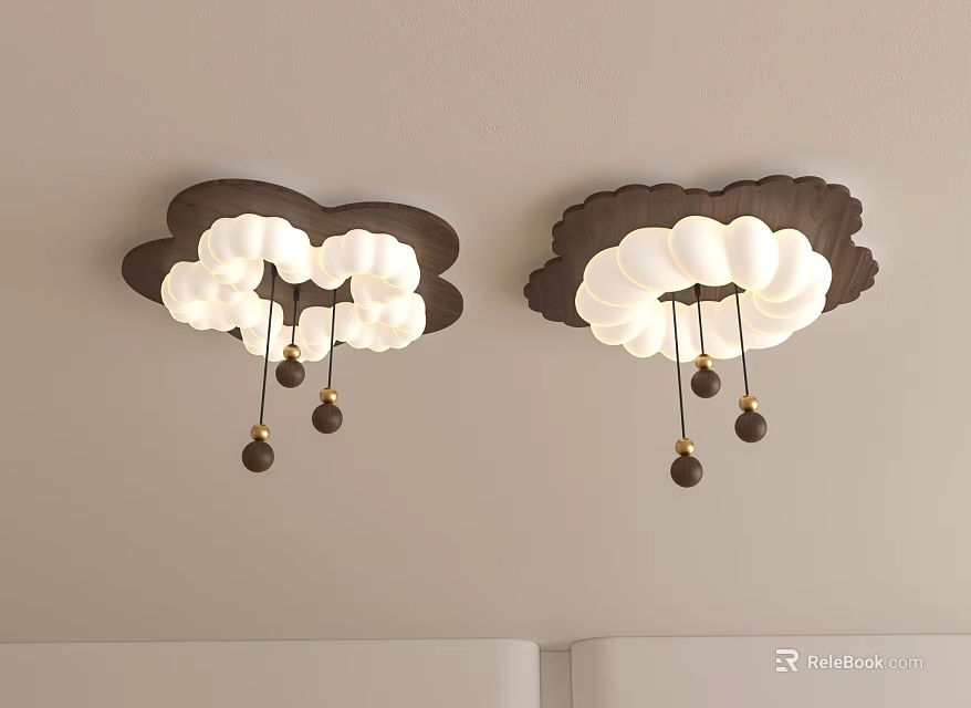 Cloud Shaped Ceiling Lights with White Lampshade Brown Frame and Hanging Decorative Balls 3d model