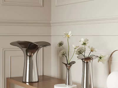 Modern Silver Vases With White Flowers In Interior Decor On Wooden Shelf 3d model