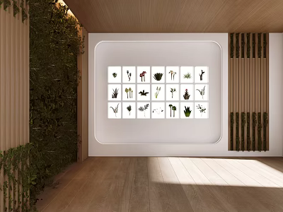 Indoor Green Plant Wall With Wooden Decoration And White Display Board Showing Multiple Plant Patterns 3d model