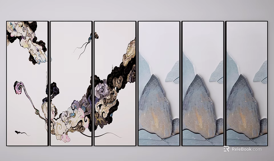 Chinese Style Decorative Screen With Ink Painting Mountains And Clouds Design 3d model 