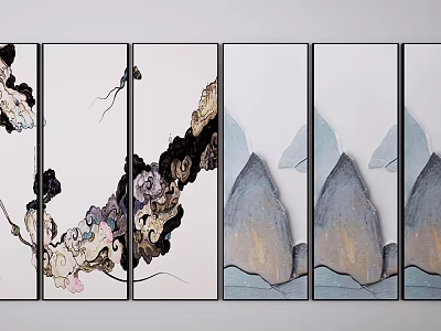 Chinese Style Decorative Screen With Ink Painting Mountains And Clouds Design 3d model