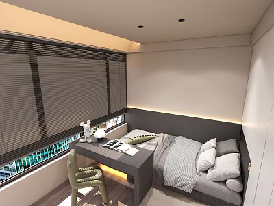 Modern Study Room Interior Design With Desk Chair Window Blinds Bed Pillows And Table Lamp 3d model