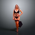 Woman in black corset and garter belt holding black handbag against gray background