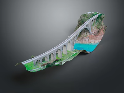 Artistic Arch Bridge Landscape Model With Turquoise Water Green Vegetation And Red Mountains 3d model