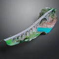 Artistic Arch Bridge Landscape Model With Turquoise Water Green Vegetation And Red Mountains