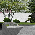 Serene Garden Landscape With Red Maple Trees Stone Pathway And Decorative Wall 3d model