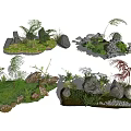 Lush Plant Arrangement With Mixed Ferns Stones Mini Pavilion And Soft Lighting