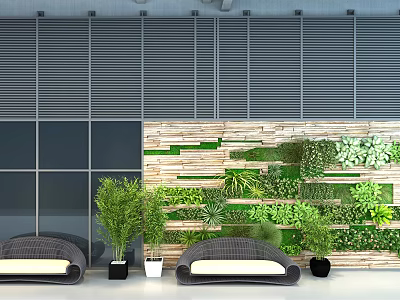 Indoor Living Plant Wall Design On Textured Stone Wall With Potted Plants And Seating Area 3d model