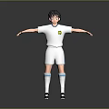 Young Boy In White Sports Uniform With Yellow Logo Standing Arms Outstretched On Gray Background