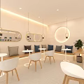 Modern Minimalist Tea House Interior Design With Round Lighting White Chairs And Wooden Stools