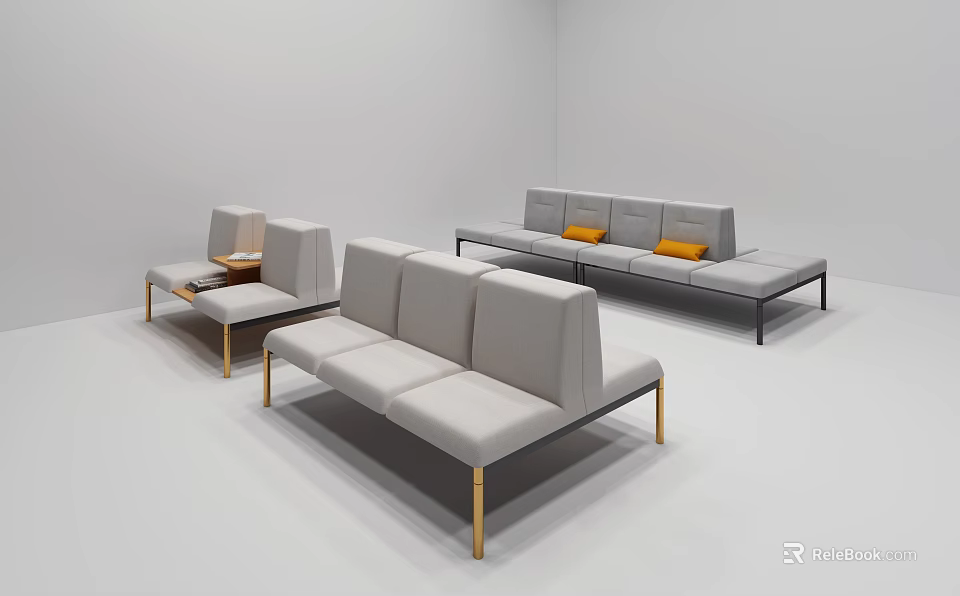 Modern Public Chairs With Light Gray Upholstery Gold Legs And Orange Cushions Design 3d model 