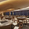 Elegant Restaurant Interior With Curved Wooden Ceiling And Marble Counter