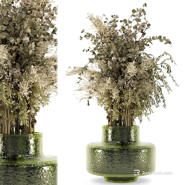 Natural Dried Flowers Arrangement in Green Glazed Vases for Home Decor 3d model 