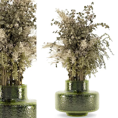 Natural Dried Flowers Arrangement in Green Glazed Vases for Home Decor 3d model