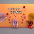 Interactive Art Installation With Fan Decor Red Lanterns Red Flowers And Orange Wall
