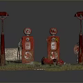 Abandoned Gas Station Scene With Red Gas Pumps Street Lamps Weeds And Broken Pipes