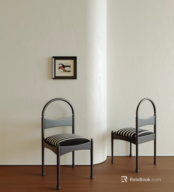 Stylish Single Chairs With Curved Backrest Black Frame And Striped Seats Against Light Wall 3d model 