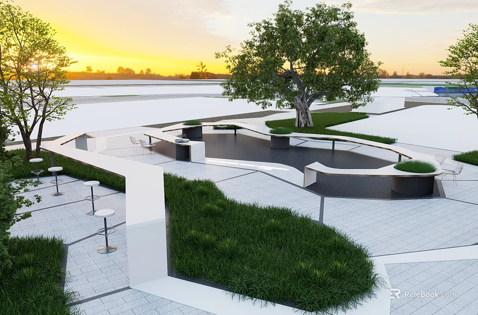 Modern Landscape Seats With Curved Design Lawn Trees And Sunset View 3d model 