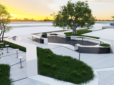 Modern Landscape Seats With Curved Design Lawn Trees And Sunset View 3d model