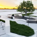 Modern Landscape Seats With Curved Design Lawn Trees And Sunset View