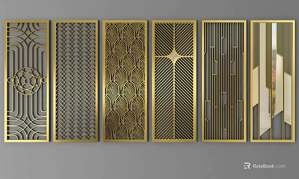 Modern Metal Room Dividers With Intricate Geometric Patterns And Golden Finish 3d model 