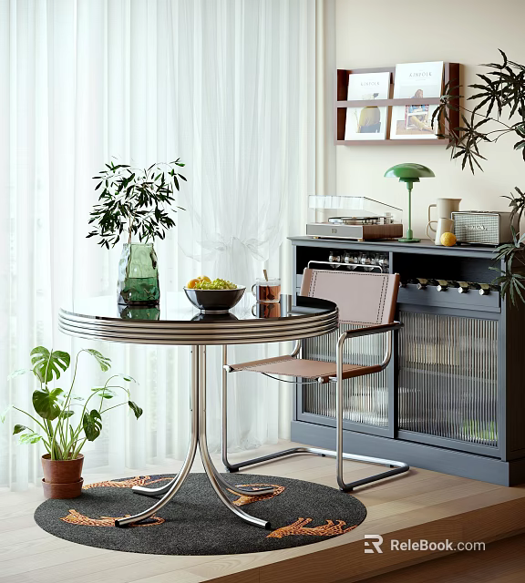 Modern Dining Area Round Table And Chair Set With Metal Frame Potted Plants Glass Cabinet 3d model 