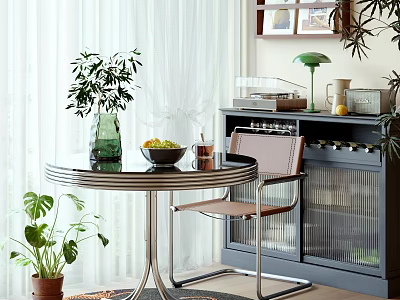 Modern Dining Area Round Table And Chair Set With Metal Frame Potted Plants Glass Cabinet 3d model