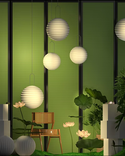 Green Wall Photo Check-in Spot With White Spherical Pendant Lights And Lotus Leaves 3d model