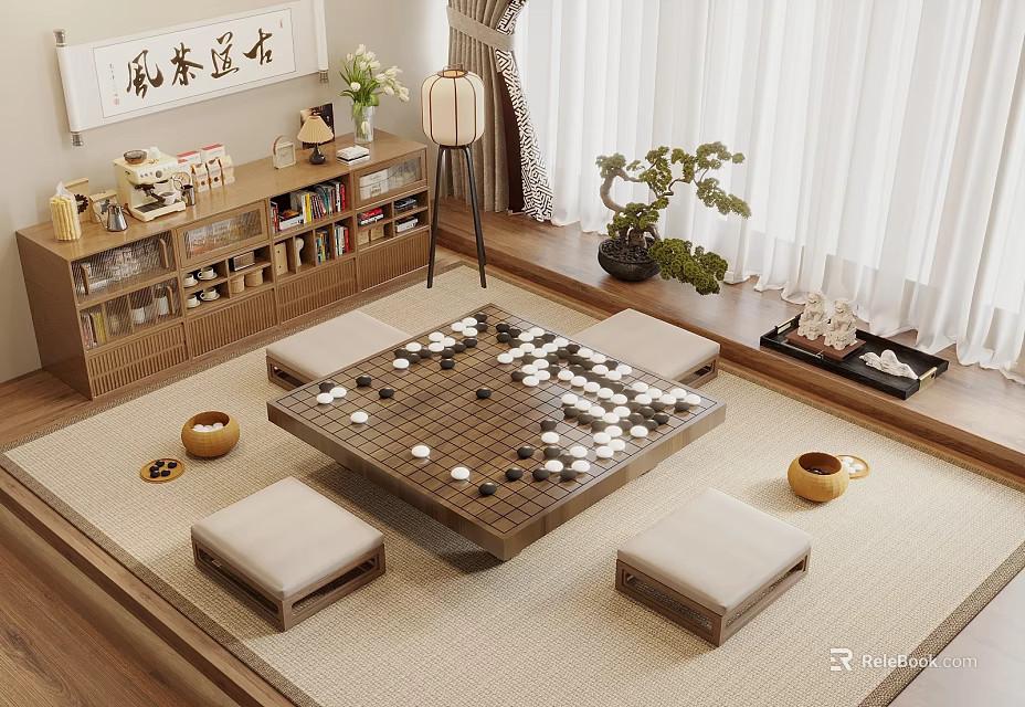 Serene Lounge Room With Go Board Tatami Seats Wooden Bookshelf Tea Set And Calligraphy Decor 3d model 