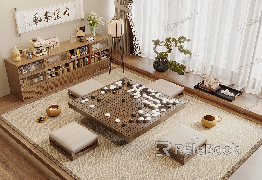 New Chinese Tatami Leisure Room Entertainment Table Chess and Card Table Go Table Cushion Side Cabinet Jewelry Ornaments Combination Landscape Bonsai model