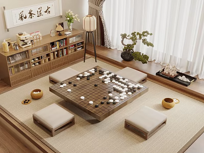 Serene Lounge Room With Go Board Tatami Seats Wooden Bookshelf Tea Set And Calligraphy Decor 3d model