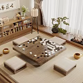Serene Lounge Room With Go Board Tatami Seats Wooden Bookshelf Tea Set And Calligraphy Decor