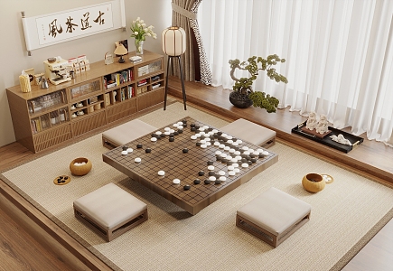 New Chinese Tatami Leisure Room Entertainment Table Chess and Card Table Go Table Cushion Side Cabinet Jewelry Ornaments Combination Landscape Bonsai 3d model