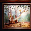 Natural Landscape Oil Painting With Tree Trunk Branches Green Leaves And Wooden Frame