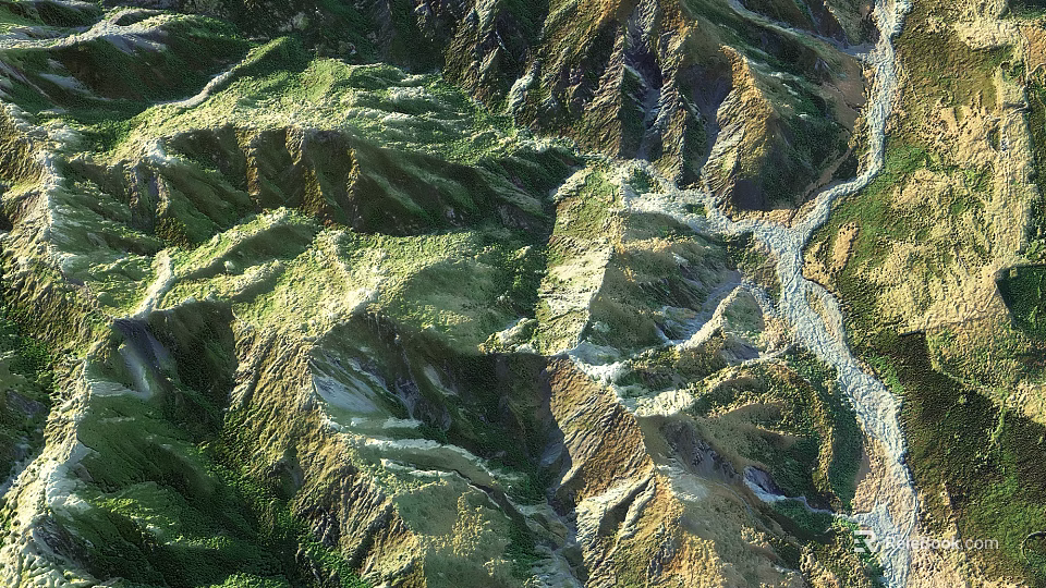 Garden Landscape Featuring Mountainous Terrain Lush Green Vegetation And Winding River 3d model 