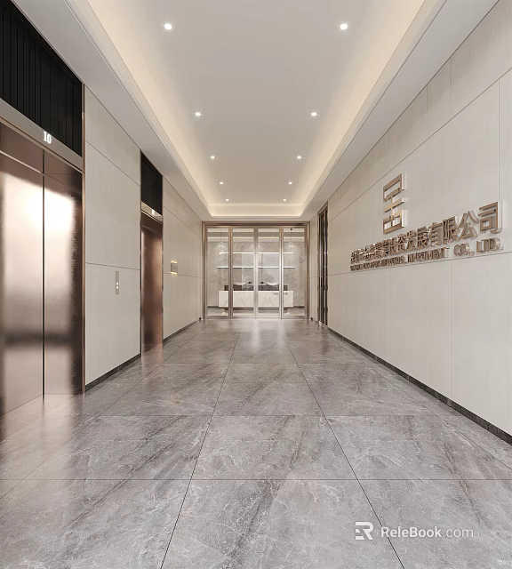 Modern Elevator Corridor With Marble Floor Sleek Walls And Recessed Lighting 3d model