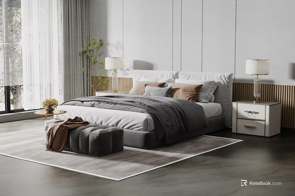 Double Bed In Modern Minimalist Bedroom With Bedside Tables Table Lamps Soft Rug And Ottoman 3d model 