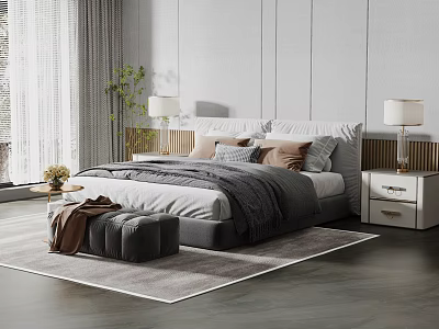 Double Bed In Modern Minimalist Bedroom With Bedside Tables Table Lamps Soft Rug And Ottoman 3d model